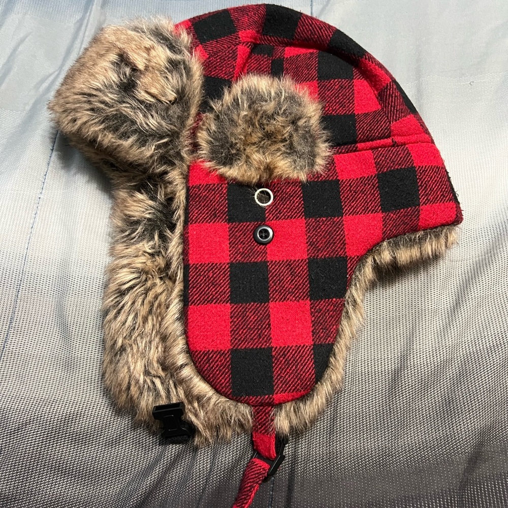 Plaid Red and Black Faux Fur Trapper Hat - Unbranded